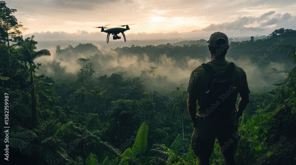 Person with Drone Exploring Misty Tropical Forest at Sunrise