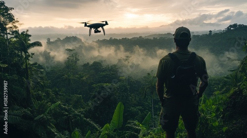 Person with Drone Exploring Misty Tropical Forest at Sunrise