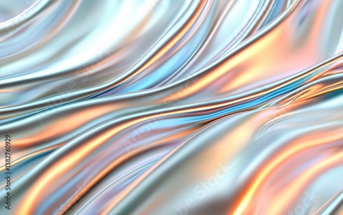 Abstract iridescent chrome fabric with wavy gradient. Colorful rainbow texture. Shiny metallic holographic material with vibrant colors. Fluid dynamic surface with reflections. Creative