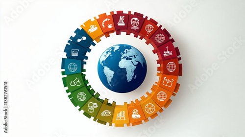 Infographic wheel representing Sustainable Development Goals (SDGs) with glyph icons surrounding a globe. Ideal for United Nations Day or environmental projects.