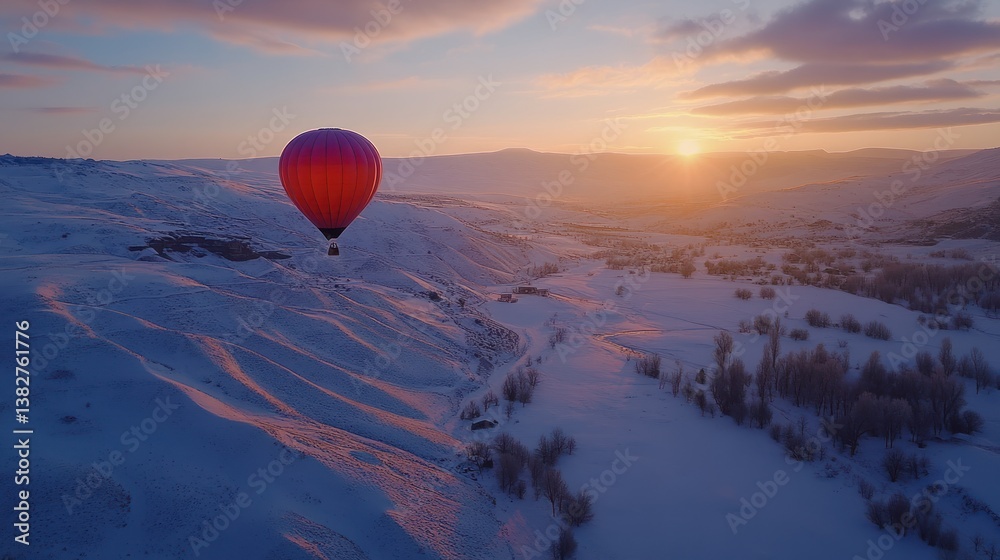 Hot Air Balloon Flying Over Snowy Landscape at Sunrise