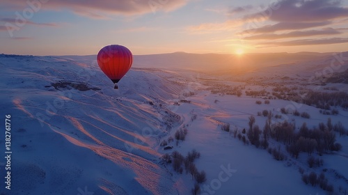 Obraz na płótnie Hot Air Balloon Flying Over Snowy Landscape at Sunrise w salonie