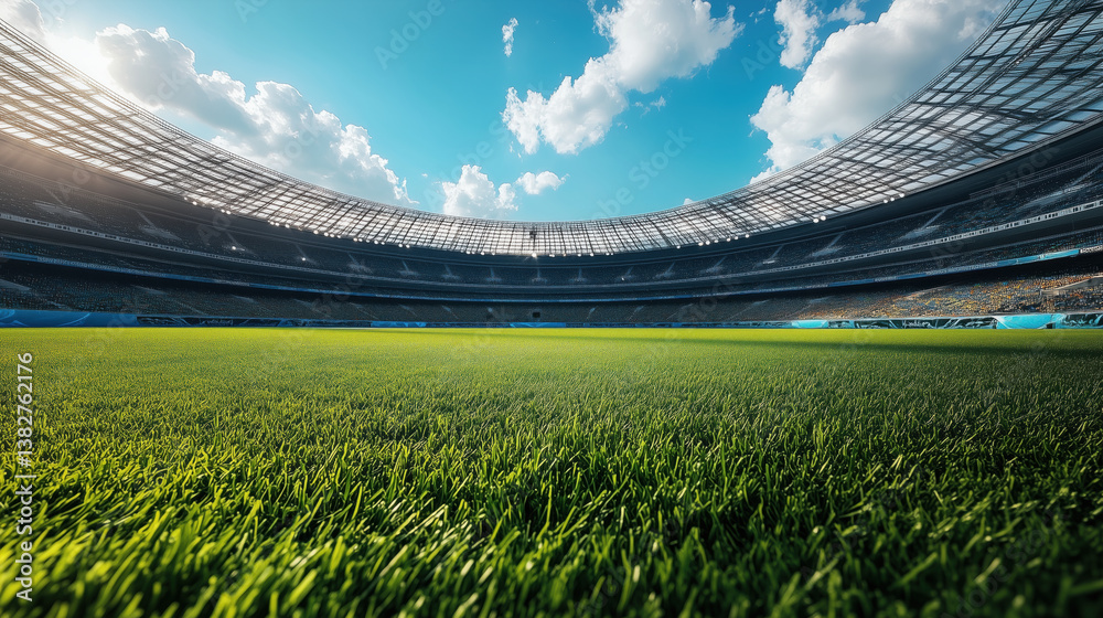 Fototapeta premium Large soccer stadium with green field under bright blue sky with scattered clouds. Stands empty, and sunlight streams through open roof.