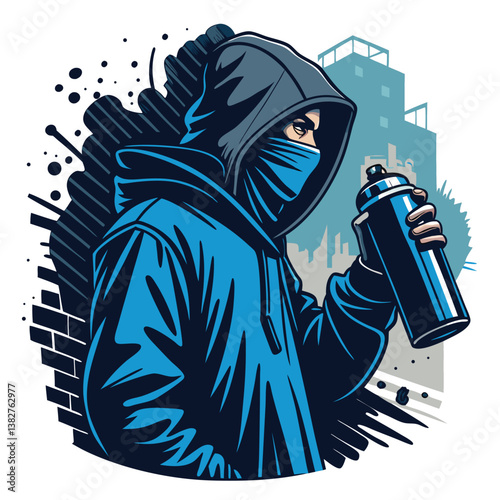 Create a bold, vector illustration of a street artist at work, vibrant colors, dynamic pose, graffiti style, detailed clothing.