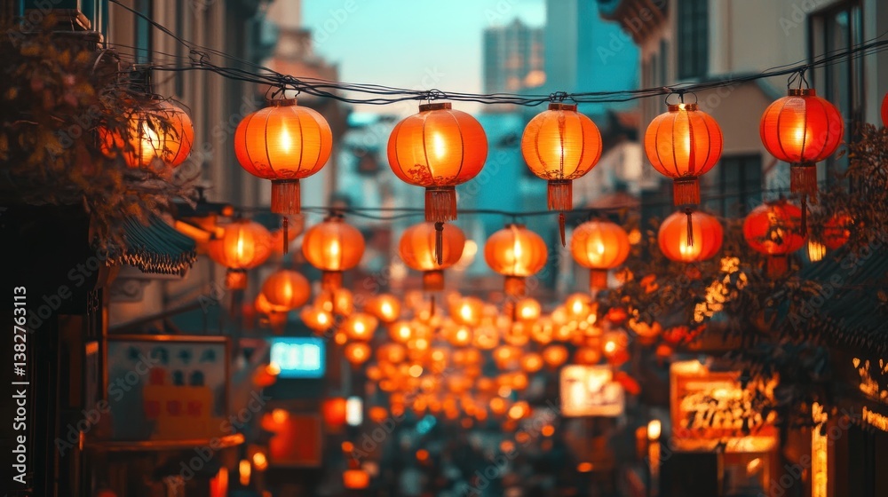 Illuminated Street with Glowing Red Lanterns at Dusk in City