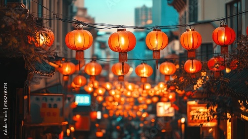 Obraz na płótnie Illuminated Street with Glowing Red Lanterns at Dusk in City w salonie