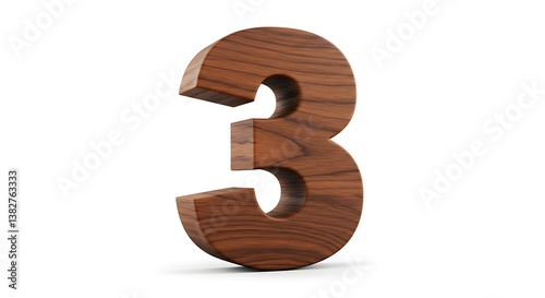 Wooden Number Three Standing on White Background for Designs