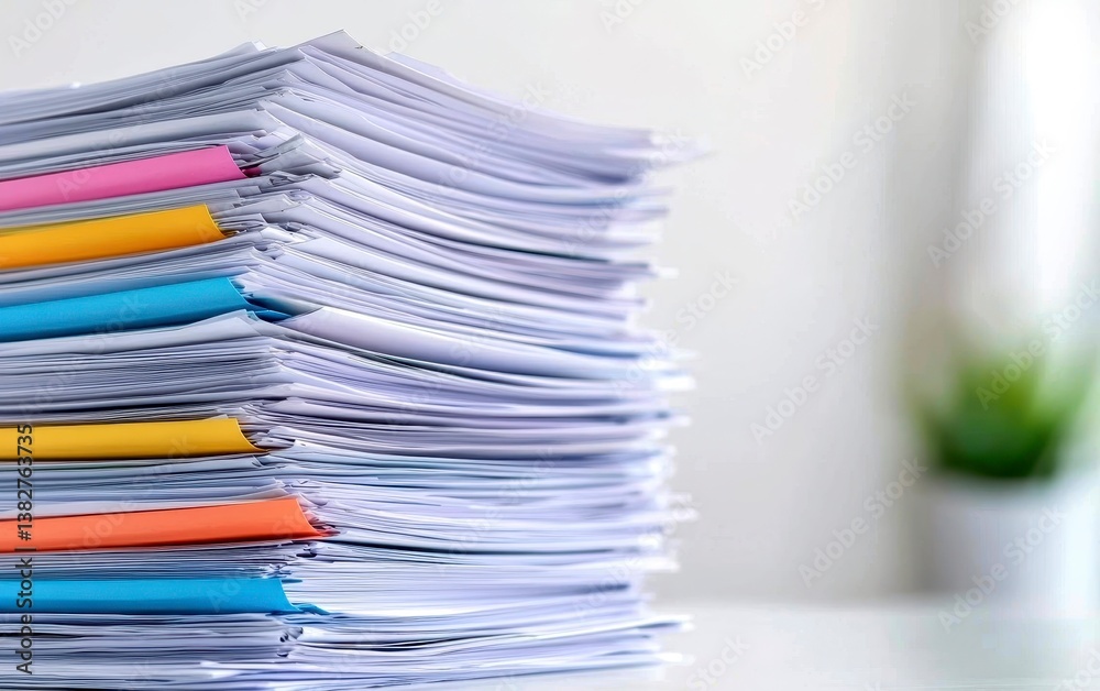 High stack of papers. Many documents piled up on a white table. Colorful dividers between documents are visible. A lot of paperwork. Business documents. Office work. Unorganized pile of High stack of papers. Many documents piled up on a white table. Colorful dividers between documents are visible. A lot of paperwork. Business documents. Office work. Unorganized pile of