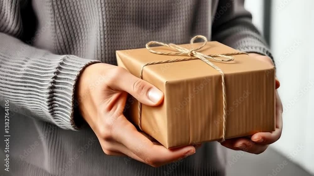 Brown paper parcel gift tied up with string, traditional present