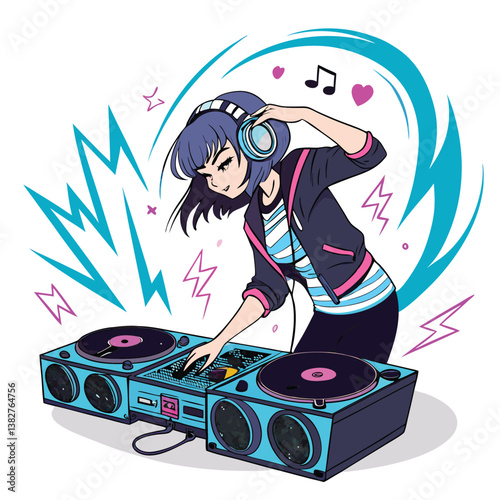 Design a vector illustration of a stylish anime DJ girl with bold, impactful strokes.  Include vibrant colors and dynamic pose.