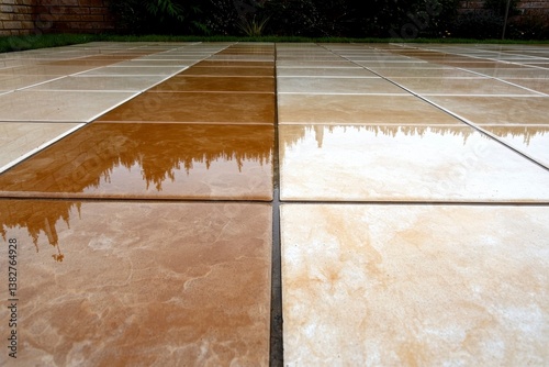 Patio paving slabs show contrast between dirty clean states. Pressure washing transforms dingy brownish orange surface to light beige. Cleaning job different shades of stone. Clean dirty