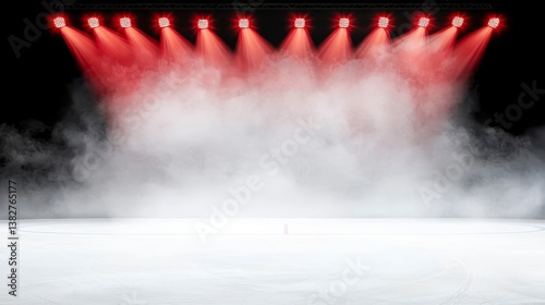 Red neon lights illuminate empty ice rink arena. Pro hockey arena glows under intense red spotlights. Smoke fills air. Winter sports competition backdrop. Perfect for winter poster