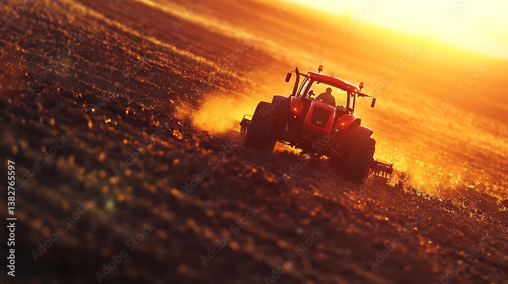 Fototapeta premium Red tractor harvesting crops wallpaper