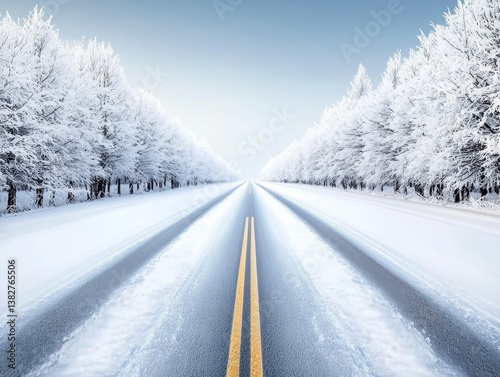 Straight road covered with snow ice in winter landscape. Trees covered with frost line road. Deserted highway stretches into distance. Snowy forest flanks both sides of road. Winter season