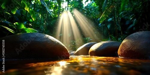 Sunlight streams through rich tropical forest. Small river flows between large rocks. Rich green vegetation trees. Peaceful jungle scene. Exotic plants foliage. Natural beauty. Tropical