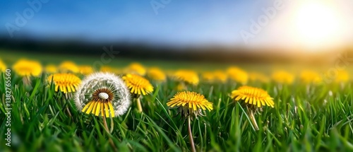 Sunny meadow with many yellow dandelions and green grass. The photo showcases tranquil peaceful park landscape. The warm sunlight blue sky and vibrant colors suggest summertime. Bright