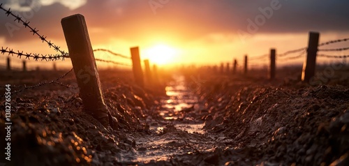 Sunrise on a WWI battlefield. Muddy trenches and barbed wire. Desolate landscape. Aftermath of war. Empty no mans land. Sunrise illuminates the scene. War. Destruction. Historical place.