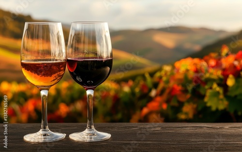 Tasting of Portuguese port wine in Douro Valley. Two glasses of wine stand on table outdoors with autumnal vineyards in background. Wine tasting experience in scenic winery. Colorful autumn