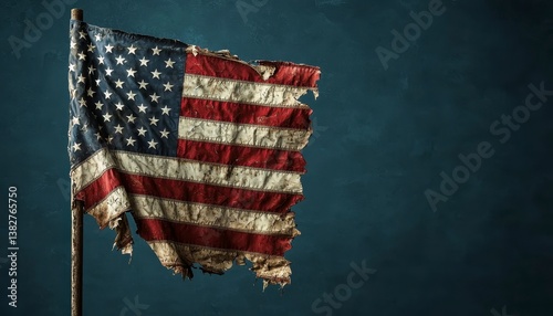 Torn American flag hangs from weathered pole. Fabric ripped tattered. Flag appears to old worn from time use. Image symbolic of national pride sacrifice. Flag shows damage from time use.