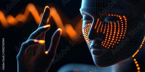 Virtual assistant generates voice as sound wave visualization. AI based virtual assistant shows human face in wireframe style with glowing orange data points. Sound waves visible in