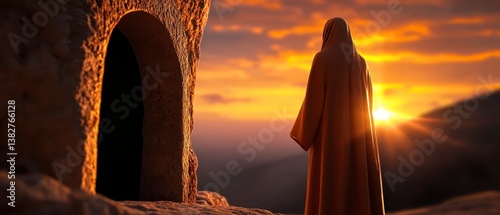 Woman stands before tomb at dawn. Emotional moment filled with hope. Biblical scene evokes faith reflection in early morning light. Religious imagery portrays sorrowful transition to new
