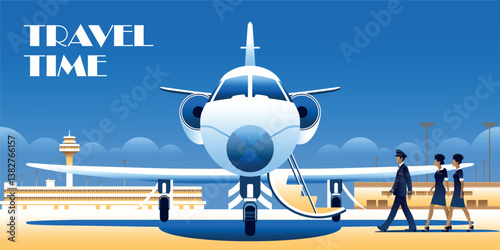 A pilot and flight attendants approach an airplane on the runway. Airport terminals are in the background. Handmade drawing vector illustration. 