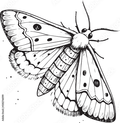 Clothes moth Black and White Vector Illustration, Sketch Drawing Line Linear Engraving, Hand-drawn Isolated