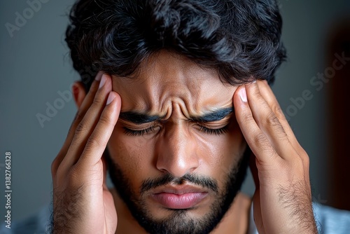 Young Indian experiencing migraine pain. Holds head with closed eyes. Looks unwell sits at home. Picture shows emotional stress discomfort. Situation common health issue in daily life.