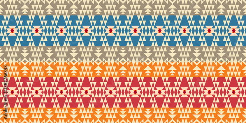 Colorful Southwestern Tribal Pattern with Triangles, Bold southwestern tribal design featuring geometric triangle motifs in horizontal stripes of red, orange, blue, and beige colors.

