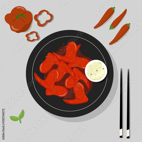 Korean food spicy chicken wings with onion sauce or cream vector ilustration food plate 