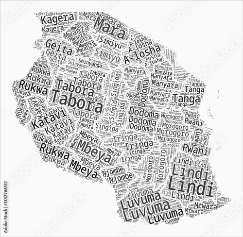 Tanzania Text Style Regions. Country region names word clouds in Swahili language. Classy vector illustration.