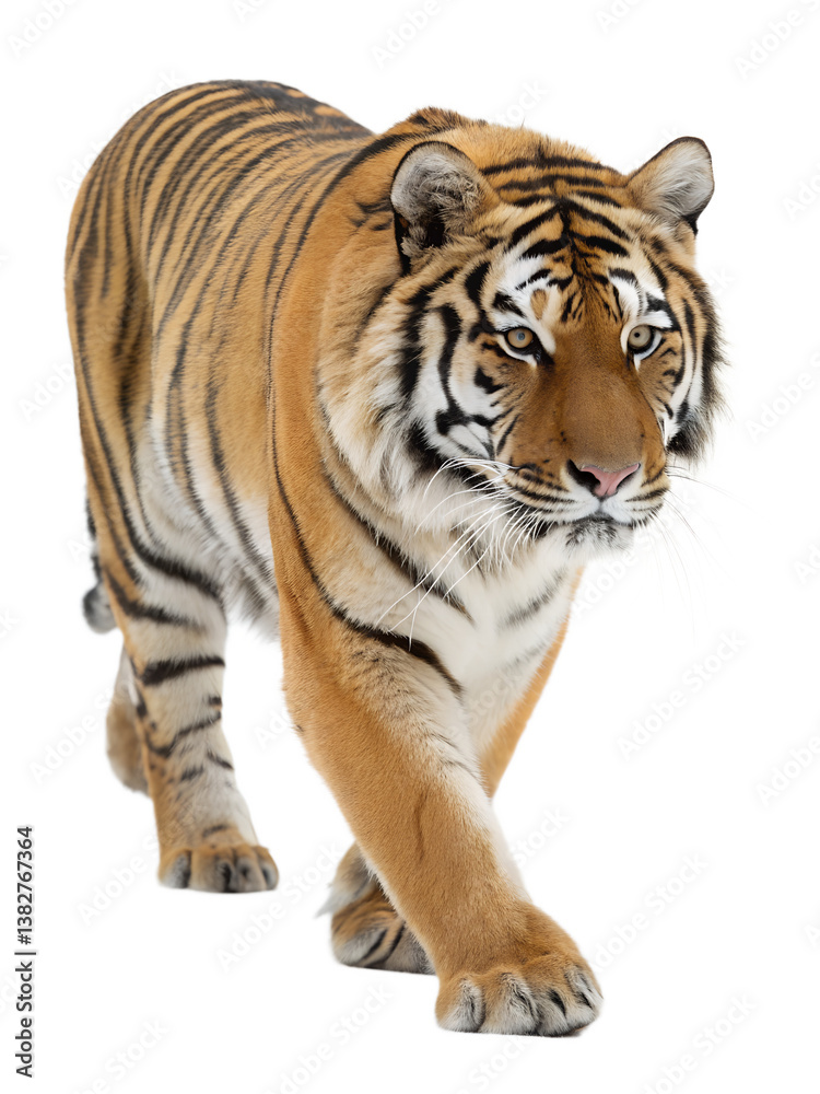 Fototapeta premium a A tiger walking towards the camera, isolated on a transparent background