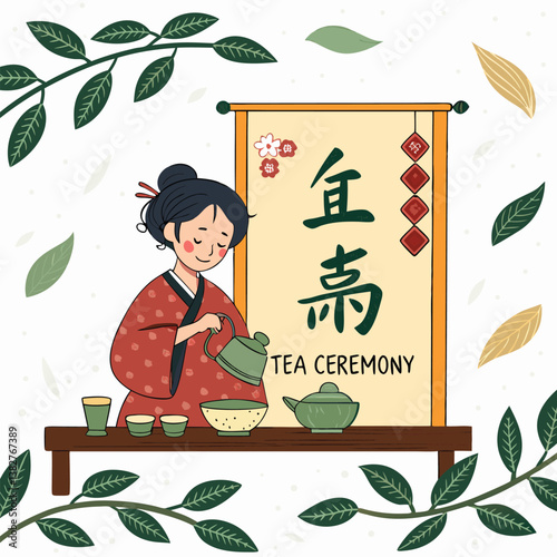 Design a bold, vector illustration of an anime-style tea ceremony, emphasizing dynamic brush strokes and vibrant colors.