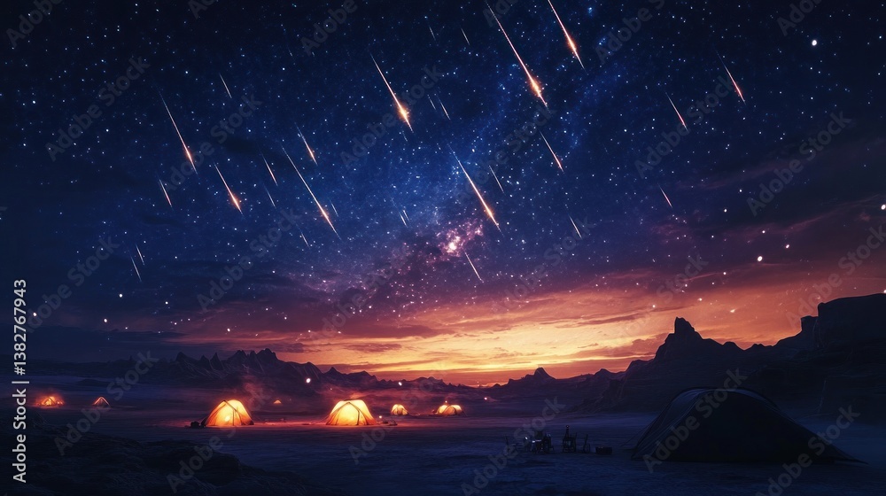 Camping Under Shooting Stars with Tents Lit Up at Night