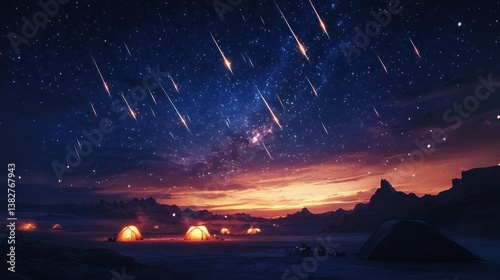 Obraz na płótnie Camping Under Shooting Stars with Tents Lit Up at Night w salonie