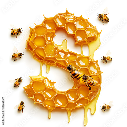 The letter S crafted from a fluid honeycomb structure, honey dripping from its curves while bees hover nearby—a stunning fusion of nature and design.