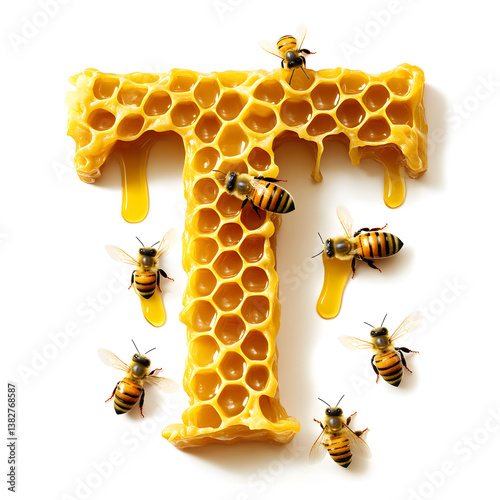 The letter T formed from rich honeycomb, golden honey dripping from its edges, with buzzing bees adding a lively touch—perfect for organic and sweet-themed designs.