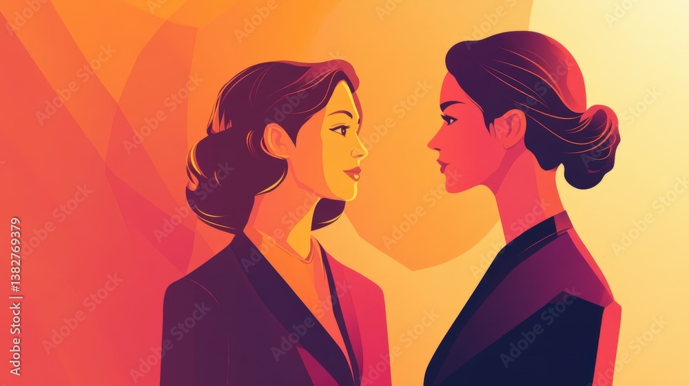 Two women in formal attire facing each other closely Two women in formal attire facing each other closely