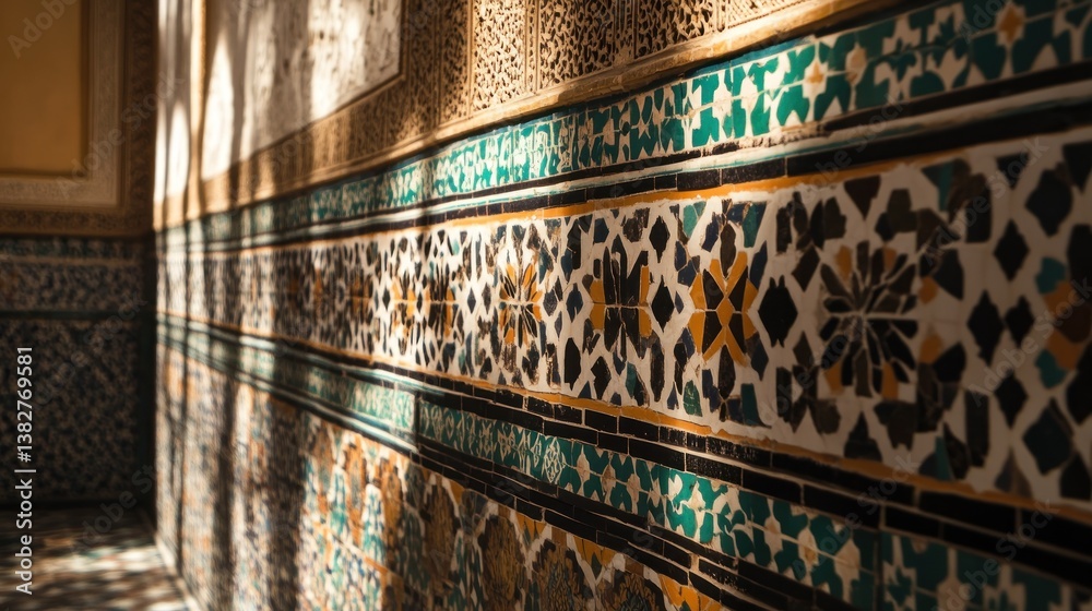 Detailed Interior Wall with Colorful Geometric Patterns and Sunlight Striking Through