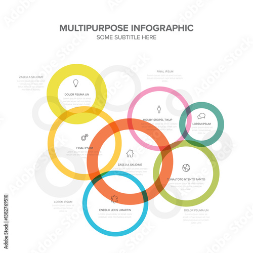 A multipurpose infographic with overlapping colorful circles and icons, perfect for visualizing data, presenting topics, or showcasing relationships in a visually engaging way.