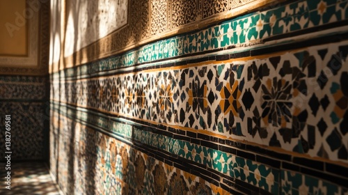 Obraz na płótnie Detailed Interior Wall with Colorful Geometric Patterns and Sunlight Striking Through w salonie