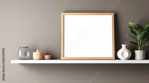 Horizontal wall art oak frame on white shelf, leaning on grey, dark wall. Vases, plant and decorations