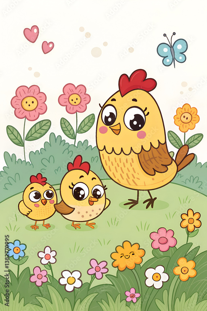 Obraz premium A mother chicken and her two chicks are surrounded by flowers and hearts