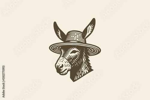 Donkey head wearing straw hat vintage monochrome vector sketch