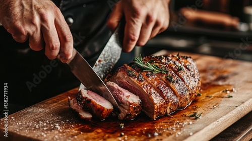 Obraz na płótnie Cutting Roasted Meat on Board with Knife and Rosemary Sprig w salonie