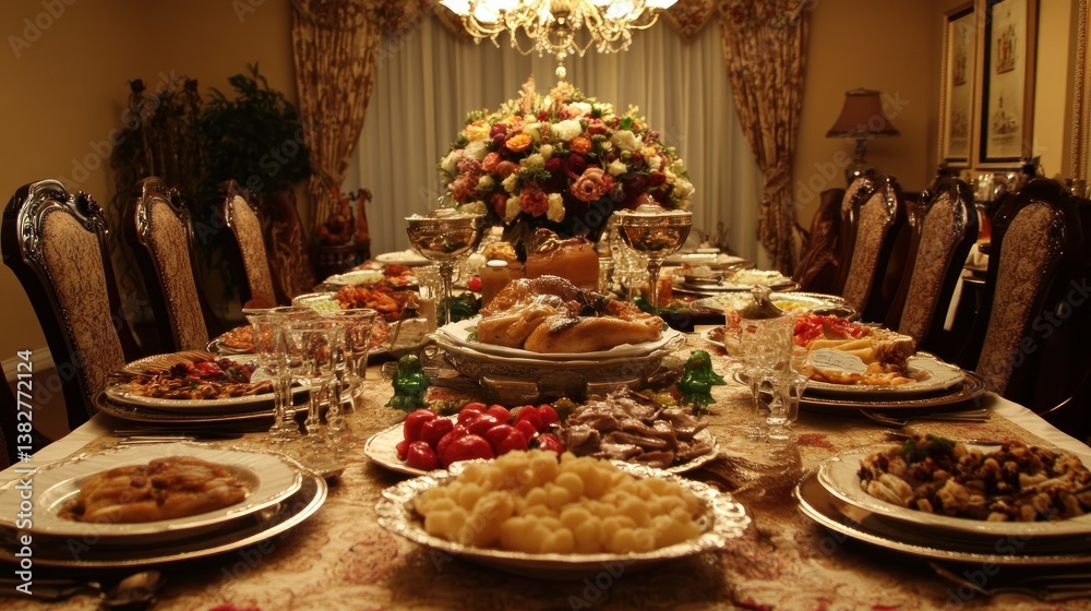 Dining Table Set with Abundant Food and Elegant Floral Arrangement