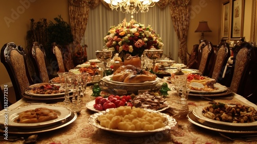 Obraz na płótnie Dining Table Set with Abundant Food and Elegant Floral Arrangement w salonie