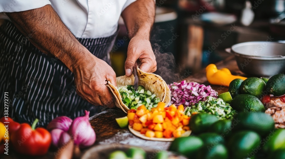 Preparing Delicious Tacos with Fresh Ingredients at Food Preparation Station