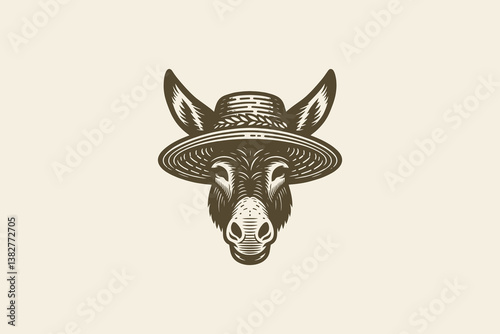Donkey head wearing straw hat vintage monochrome vector sketch