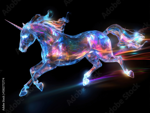 Crystal Unicorn: Iridescent Digital Art on Black Background